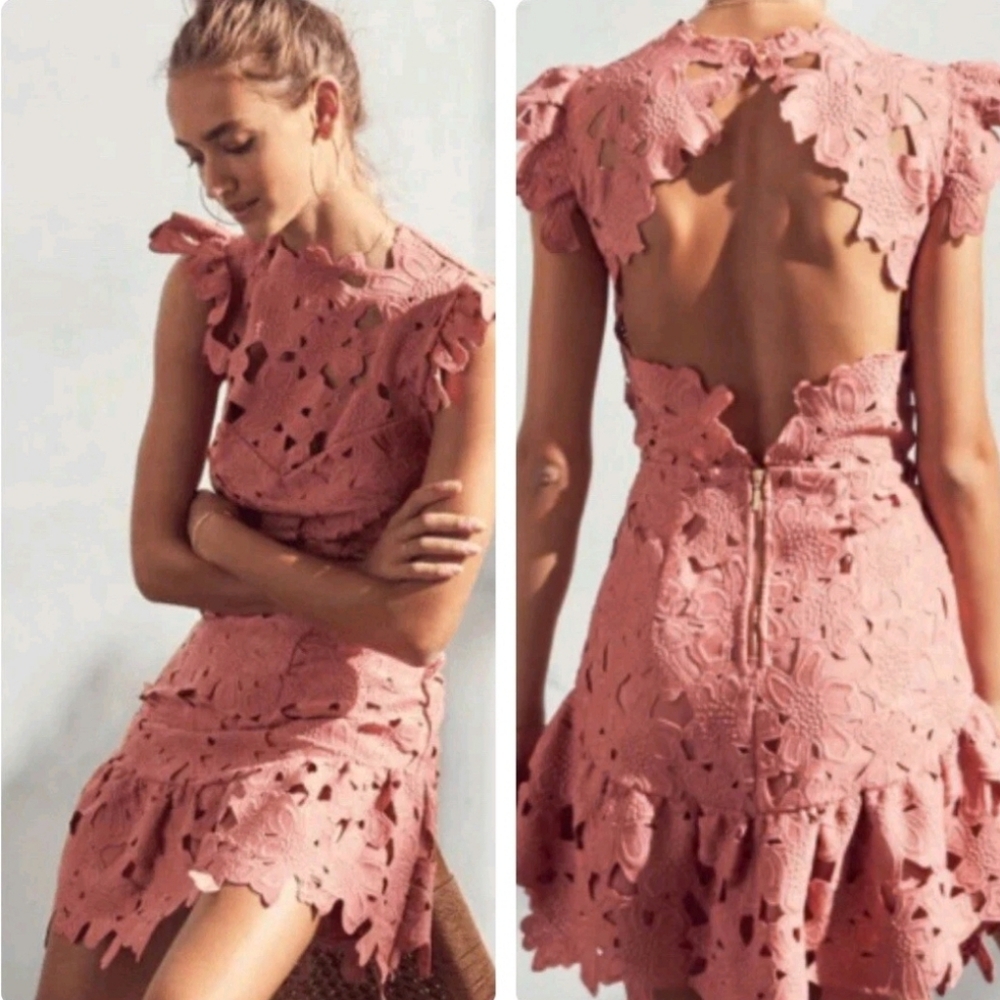 Saylor Samantha Floral Guipure Mini Dress Sz S Terra Cotta Cutout Wedding Guest